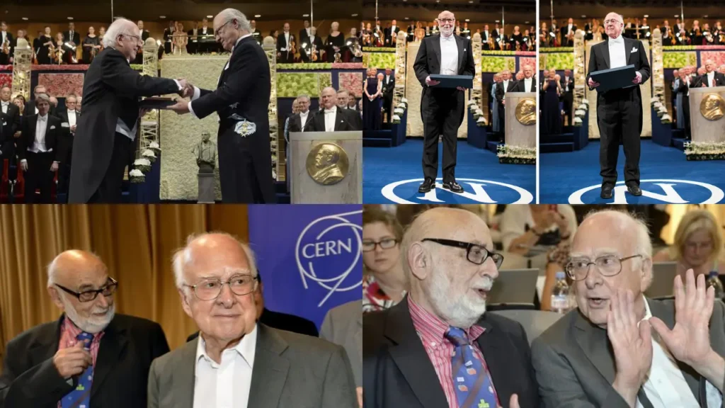 Muhteşem İkili: Peyer Higgs ve François Englert. Üstteki iki görsel, 8 Kasım 2013 tarihindeki Nobel Fizik Ödülü töreninden. Alttaki iki görsel ise İsviçre'nin Cenevre kenti yakınlarında yer alan Meyrin'deki Avrupa Nükleer Araştırma Örgütü'nde (CERN) gerçekleştirilen bir seminerden.