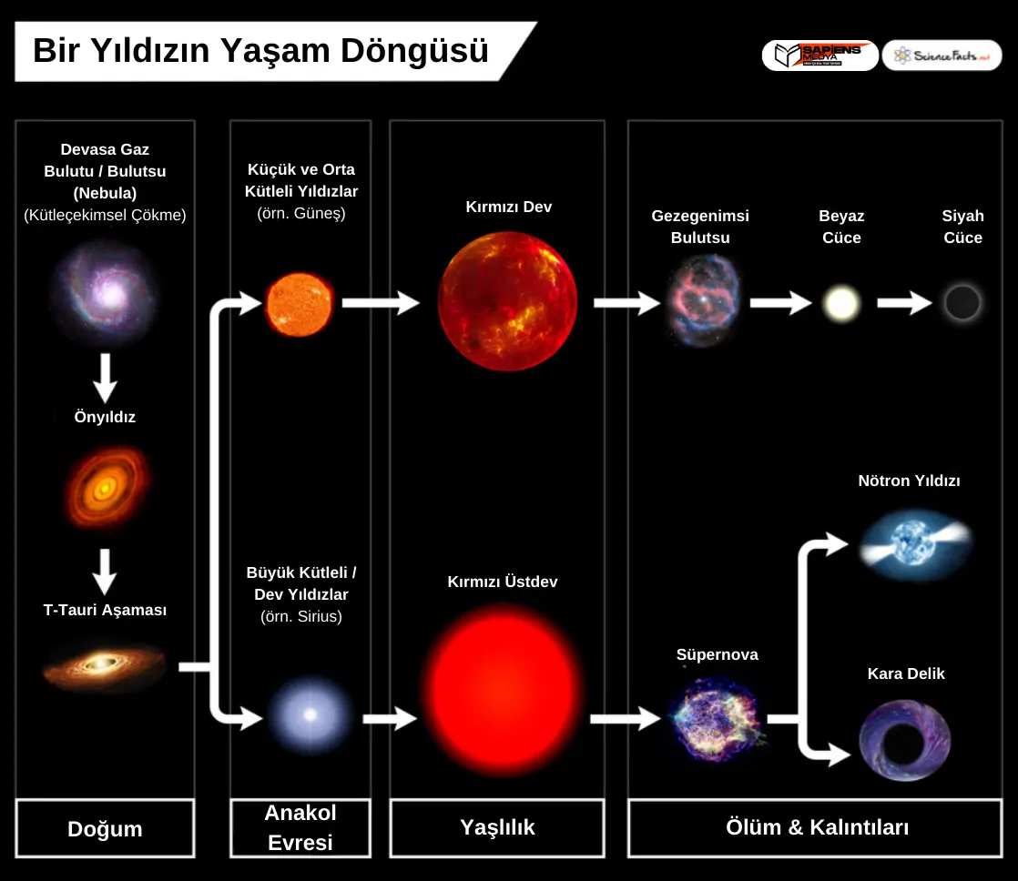 bir yıldızın yaşam döngüsü, devasa gaz bulutu, bulutsu, nebula, kütleçekimsel çökme, önyıldız, t-tauri aşaması, bir yıldızın doğum evresi, küçük kütleli yıldızlar, orta kütleli yıldızlar, Güneş, büyük kütleli yıldızlar, dev yıldızlar, Sirius, anakol evresi, kırmızı dev, kırmızı üstdev, bir yıldızın yaşlılık evresi, gezegenimsi bulutsu, beyaz cüce, siyah cüce, süpernova, nötron yıldızı, kara delik, kara delikler, bir yıldızın ölüm evresi, bir yıldızın kalıntıları