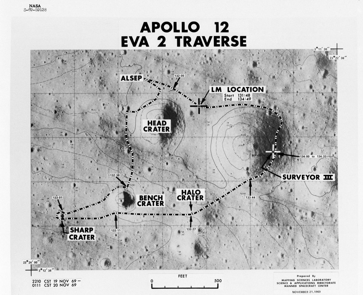 Apollo 12 EVA 2 geçiş haritası, Ay yürüyüşü güzergahı, Apollo 12 görevi, Kasım 1969, Ay yüzeyi haritası, Surveyor III, Halo Crater, Head Crater, Sharp Crater, Bench Crater, ALSEP, Ay iniş bölgesi, dış uzay yürüyüşü, NASA Ay görevi, Apollo programı, Ay keşfi