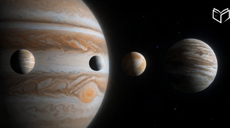 Güneş Sistemi'nin hakimi: Jüpiter ve uyduları sistemindeki gaz devinin devasa yapısını, ikonik Büyük Kırmızı Leke'sini ve dört büyük Galileo uydusunu (Io, Europa, Ganymede, Callisto) derin uzayın karanlığında bir arada sunan dramatik kompozisyon. Sapiens Medya'nın bu tarihi ve bilimsel keşif yolculuğuna dair nihai kapağı.