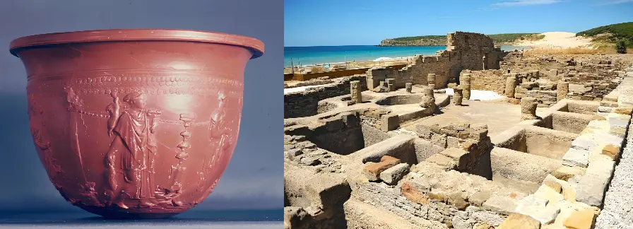 Antik Roma seri üretim örnekleri: Standartlaştırılmış kalıplarla üretilen Terra Sigillata parlak kırmızı seramik kapları ve Baelo Claudia Garum fabrikası tuzlama tankları kalıntıları